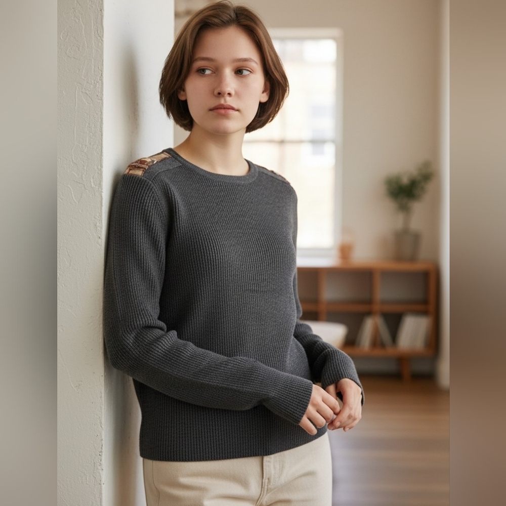 Lauren Ralph Lauren Gray Sweater with Shoulder Strap Accents Check Measurements